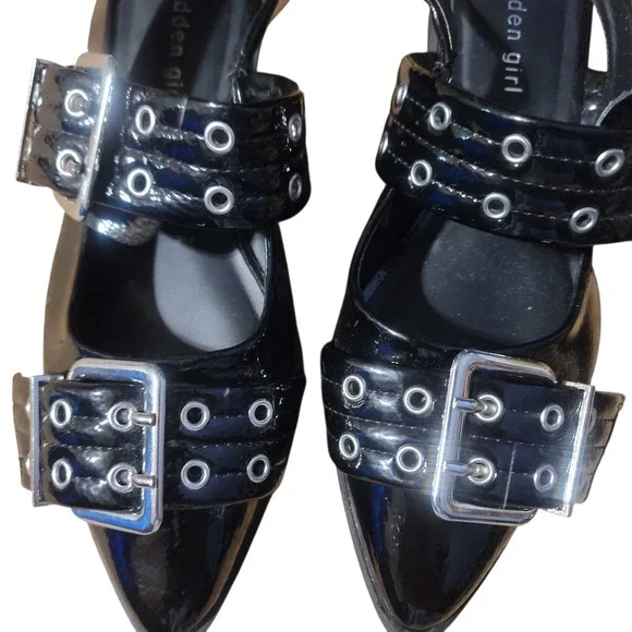 NWOB Madden Girl black patent leather pointed toe buckle sling back flats SZ 7 - Picture 4 of 7